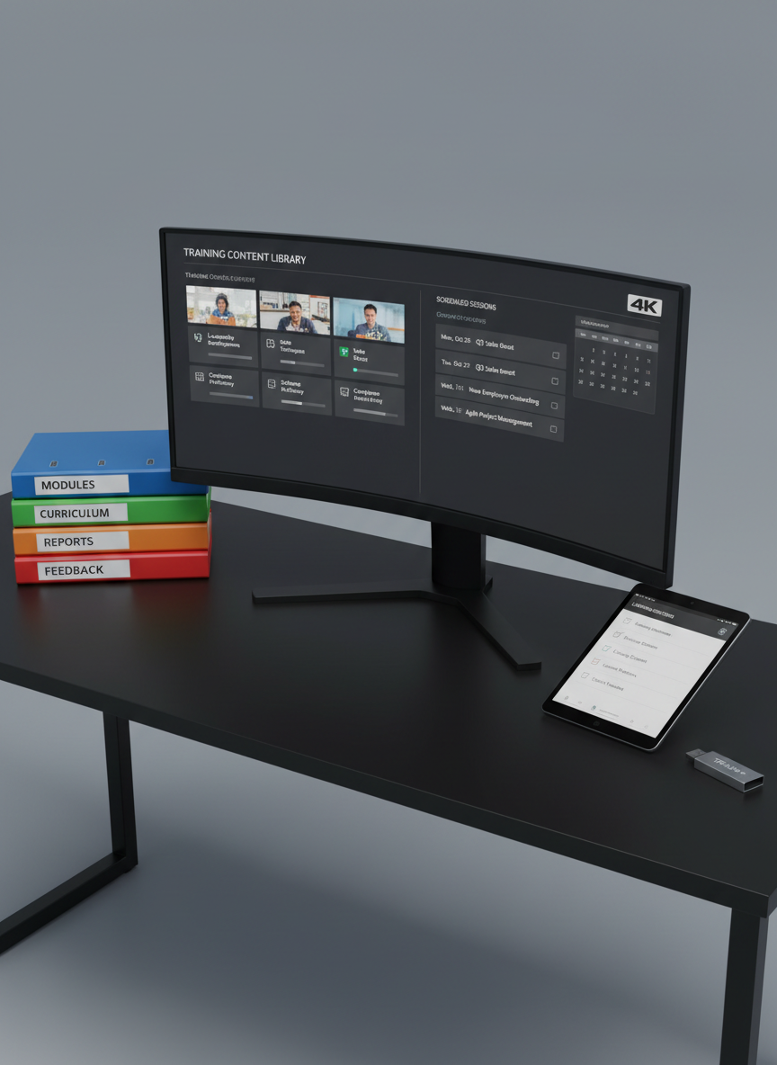 An expansive digital control center concept for corporate training, featuring a large curved 4K monitor on a matte black desk showing a split-screen interface: one side displaying a structured training content library, the other a calendar of scheduled corporate sessions. Surrounding the monitor are color-coded binders, a tablet with a checklist of learning outcomes, and a branded USB drive. Cool, even studio lighting creates crisp, clean shadows and emphasizes the high-tech textures. Shot from a slightly elevated angle with sharp focus throughout, the photographic image feels organized, precise, and professional, symbolizing an all-in-one platform for trainers and curated training content.