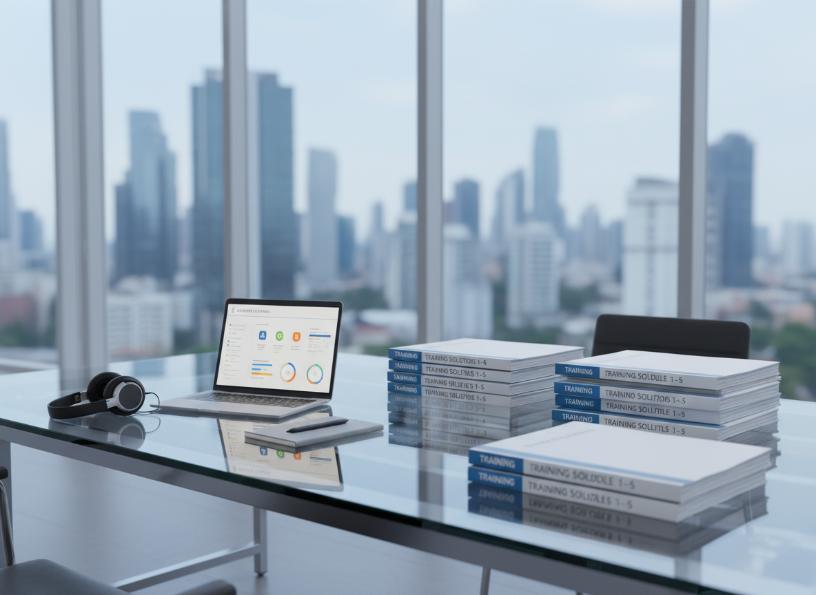 A sleek, modern corporate training workspace with a large, ultra-wide glass-surface desk covered in neatly stacked training manuals, a slim laptop showing a clean dashboard of training modules, and a pair of noise-canceling headphones resting beside a minimalist notepad and pen. In the background, a floor-to-ceiling glass wall reveals a blurred city skyline. Soft, diffused daylight pours in from the windows, creating gentle reflections on the glass and metal surfaces. Photographic realism with an eye-level composition and shallow depth of field keeps the focus on the organized tools, conveying a professional, efficient, one-stop platform for training solutions.